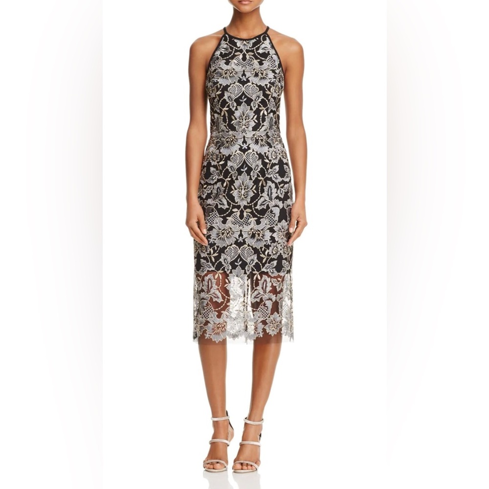Womens Black Lace Sleeveless Halter Midi Cocktail Dress